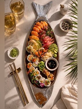 VTG. MCM Salmon Fish Wood 2-Piece Metal Serving Platter Tray 28 inch Germany WMF